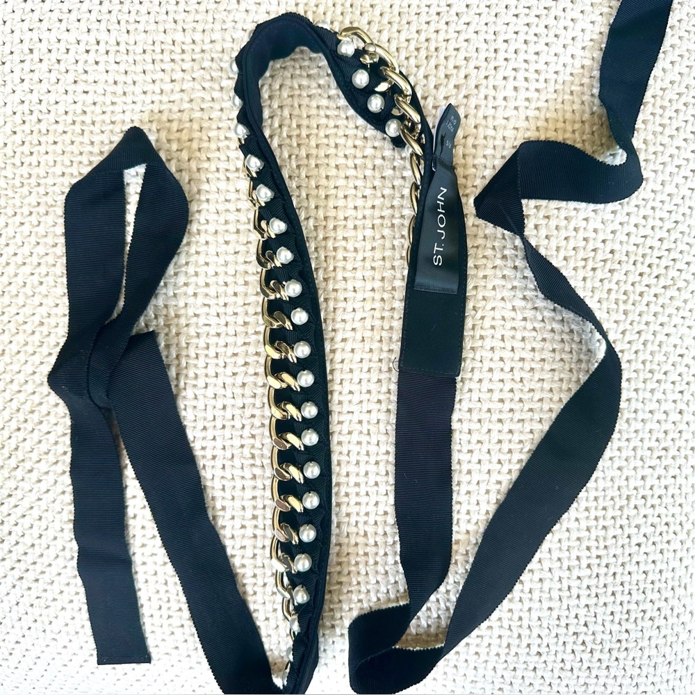Like New St. John Pearls, Gold Chain, Black Ribbon Design Belt, S